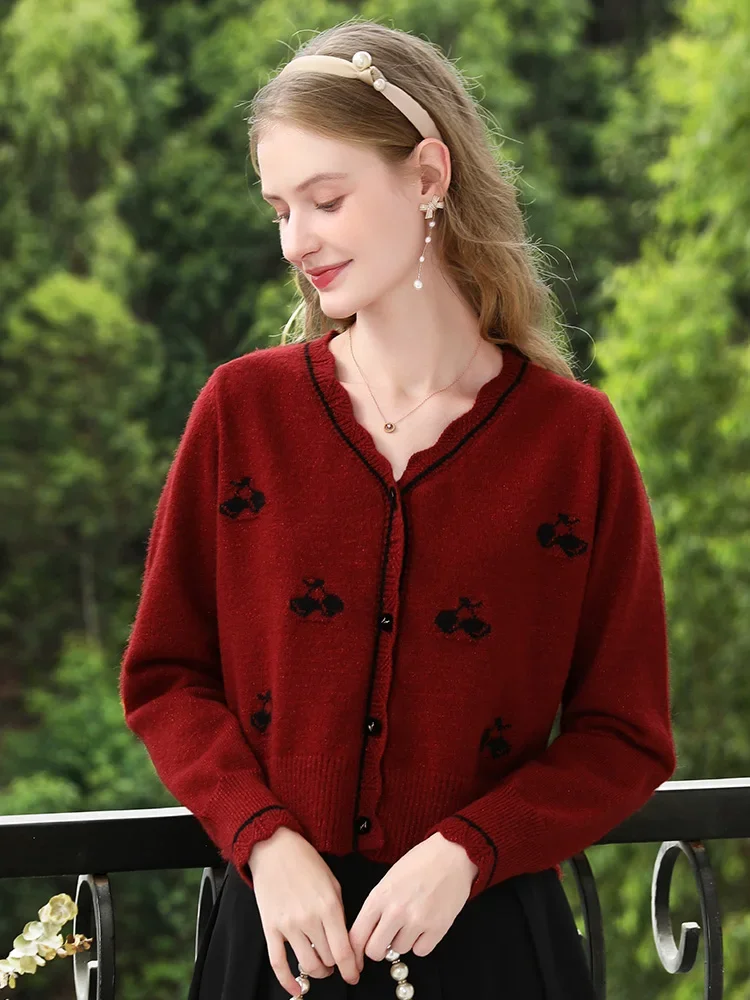 I BELIEVE YOU Red Casual Sweater Knitted Coats for Woman V-neck Office Lady Short Cardigan Fall Clothes 2024 Women 2244125832