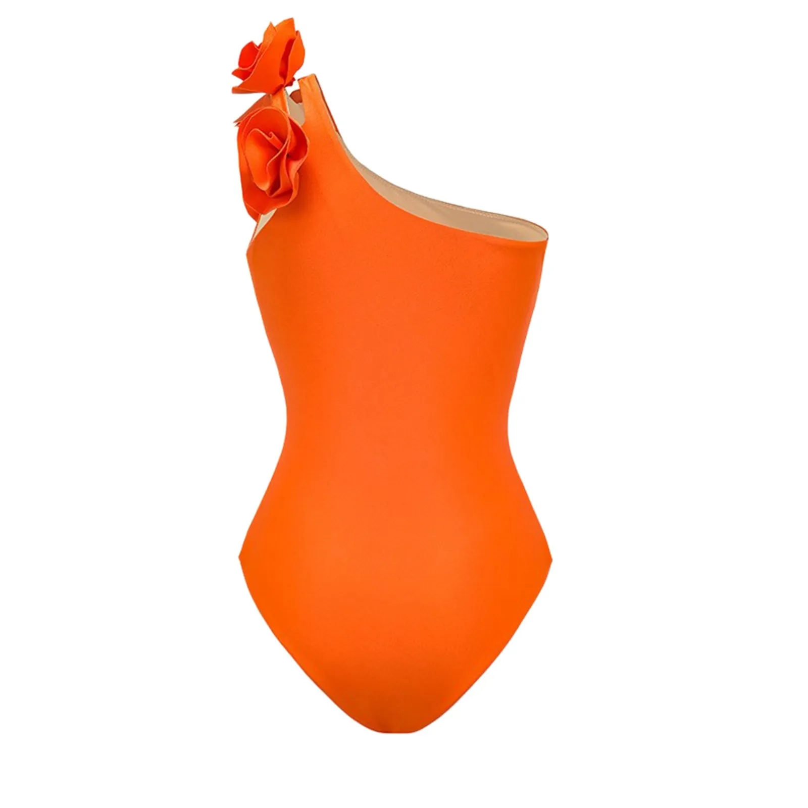 Women Fashionable One Shoulder Three Flower With Breast Pads And No Steel Support Shiny Orange High vacation pool