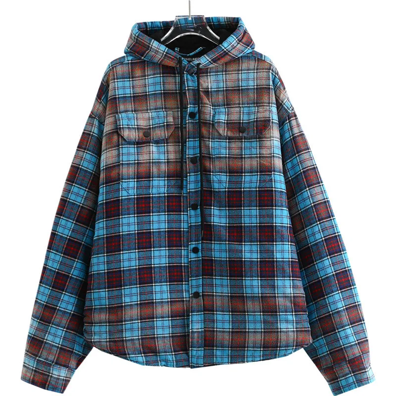 [BOMP] [bomp] Autumn Self Made 23fw Blue Flannel Gradient Rendering Plaid Hooded Shirt, Cotton Coat Jacket, Couple\'s Style