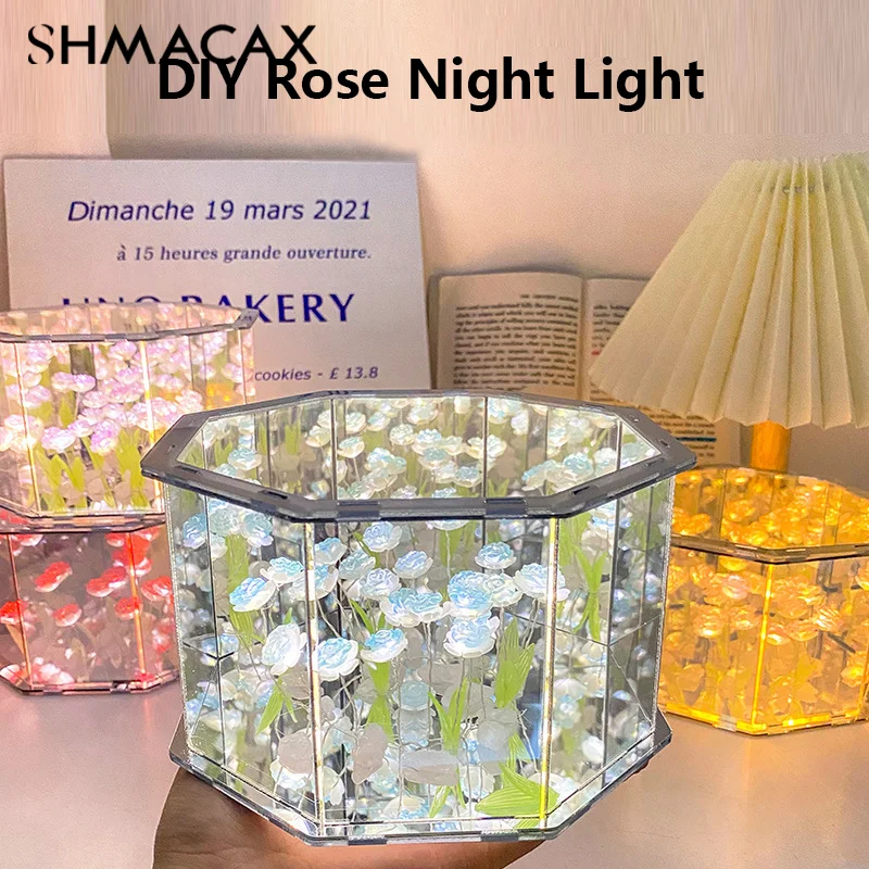 DIY Tulip Mirror Lamp Octagonal Rose Night Light Bedroom Sleeping Table Lamp Handmade Tulip Mirror Night Light Birthday Gift