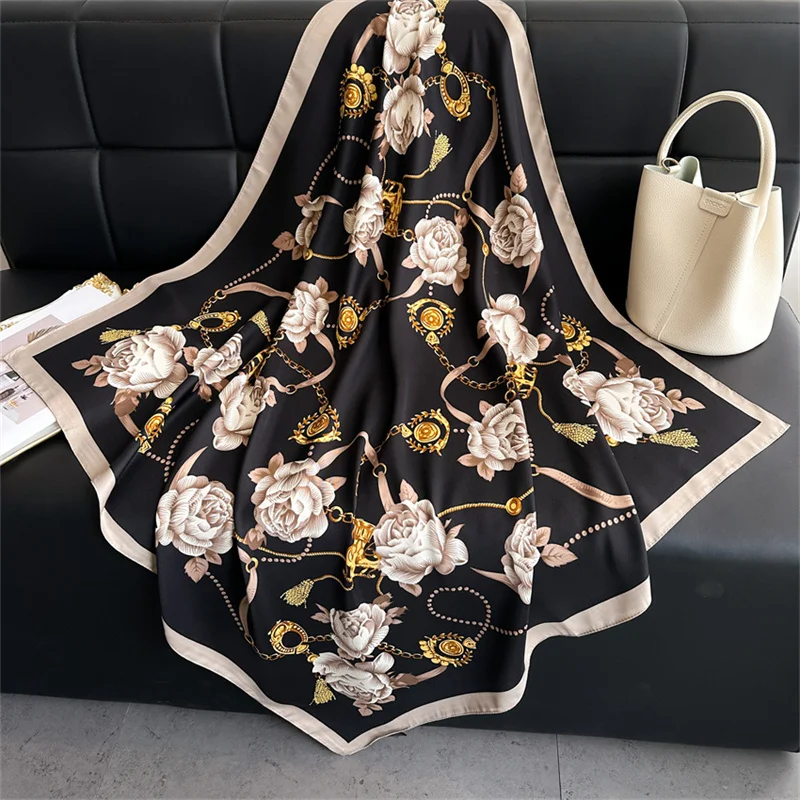 Luxury Flower Print Silk Scarf 90cm Twill Scarf Chain Large Square Scarves Sunscreen Shawl Headscarf for Women Foulard