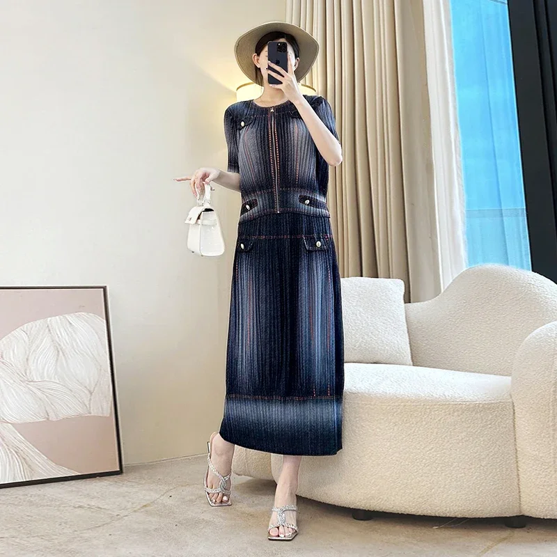 

Miyake Faux Denim Print 2025 Summer Pleated Women's Two Piece Round Neck Collar Zip Design Short Sleeve Top + Straight Skirt
