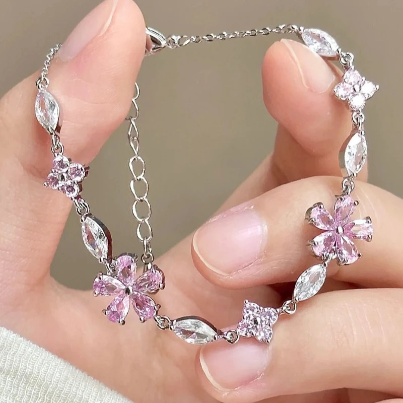 Elegant Fairy Pink Crystal Zircon Sakura Flowers Bracelet for Women Y2K Sweet Girls Cherry Blossom Moon Bow Knot Jewelry Gifts