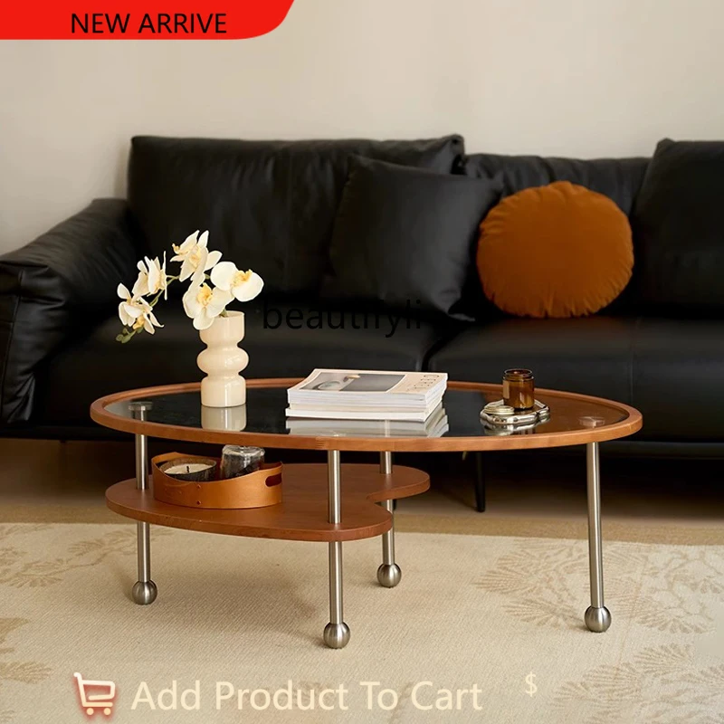 

Medieval style solid wood coffee table living room household oval glass tea table cherry wood design stainless steel table G1218