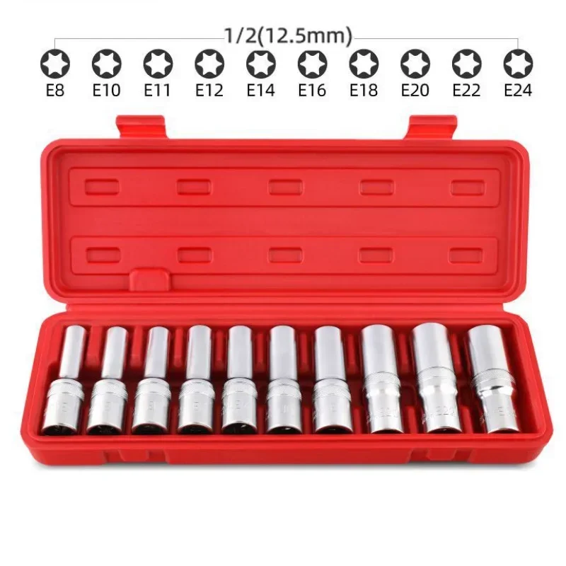 Krachtige 10Pcs E-shaped Extended Torx Socket Set E8-E24 Hexagonal Torx Torx Socket Head 1/2'' Socket Set