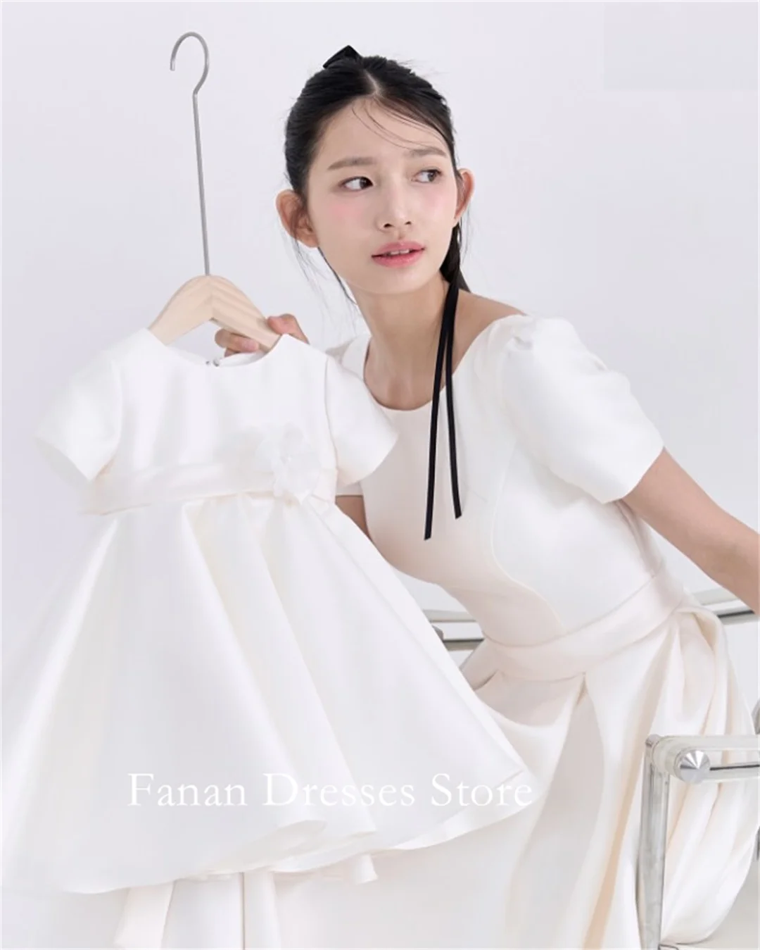 Fanan coreia barco pescoço cetim elegante a linha vestidos de casamento simples nne franzido rendas marfim personalizado bonito noiva gow