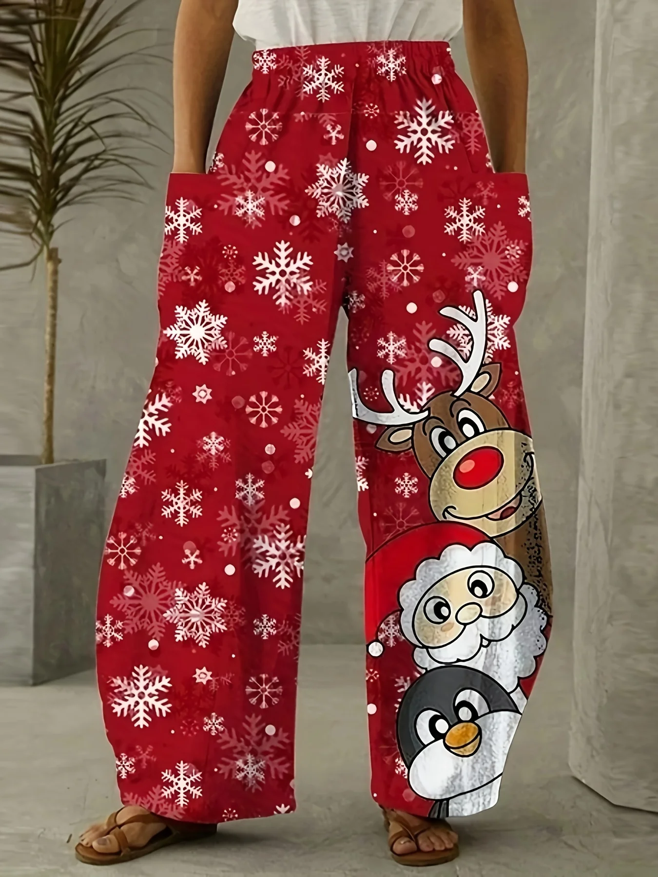 Ladies\' Casual Pants Santa Claus Reindeer Print Elastic Waistband Pockets Casual Loose Pants Street Fashion Women\'s Clothing