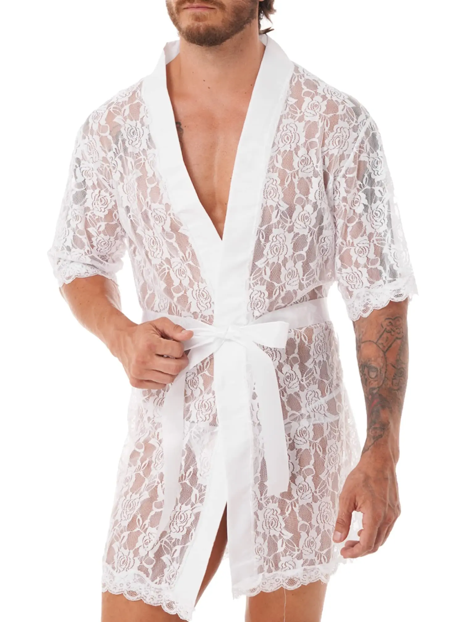 男性のセクシーなレースのナイトガウンシアーホワイトシースルースリープシャツ半袖花刺繍部屋着夏のコンフォートパジャマ