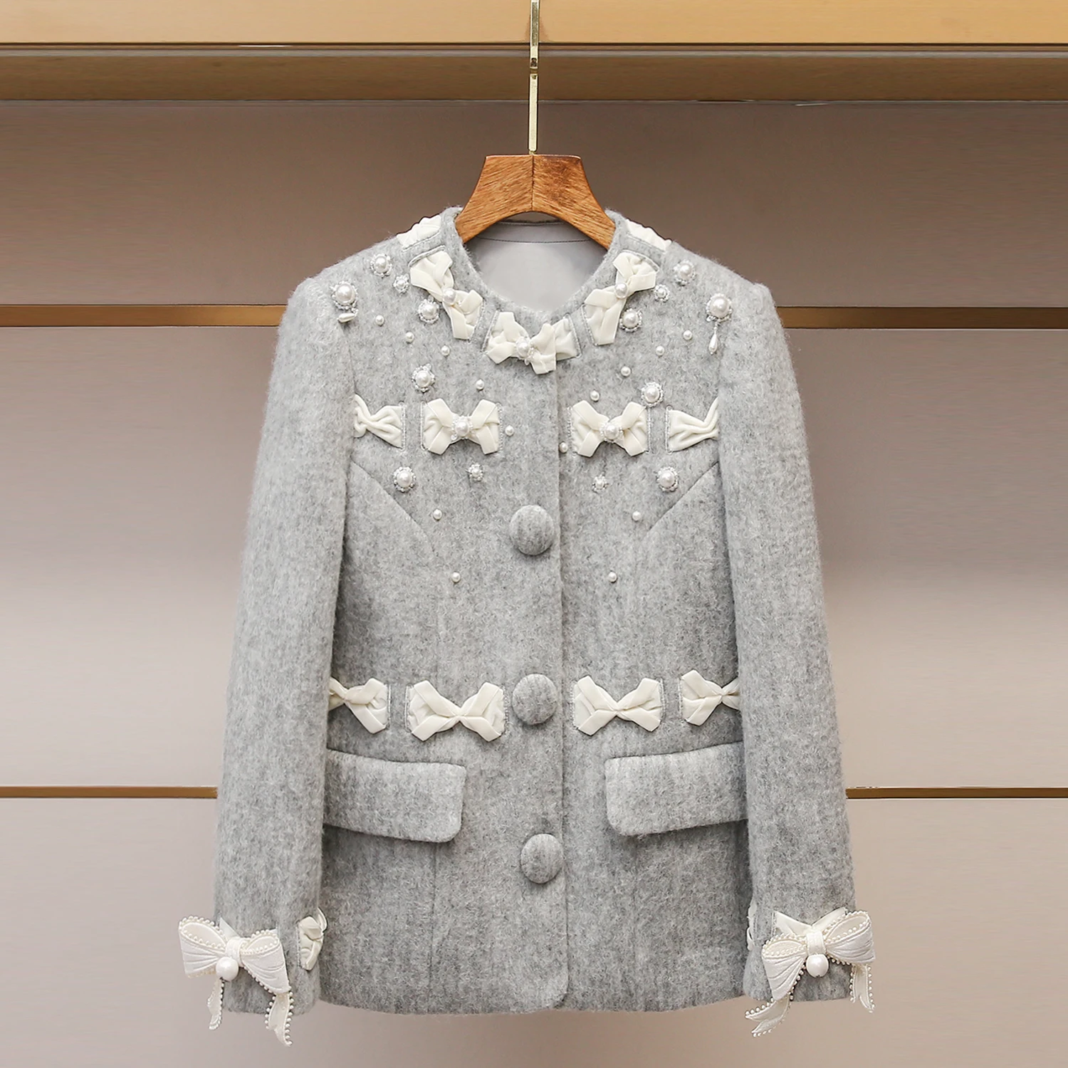 

Ele Lace Faion Outerwear for Women High-End Autumn 2025 Knot Pearl Decorated Stand Fit ort Coat