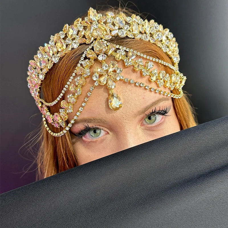 

Rave Multilayer Exaggerated Forehead Headband Women Decoration Beauty Pageant Geometry Rhinestone Head Chain Crown Queen Jewelry