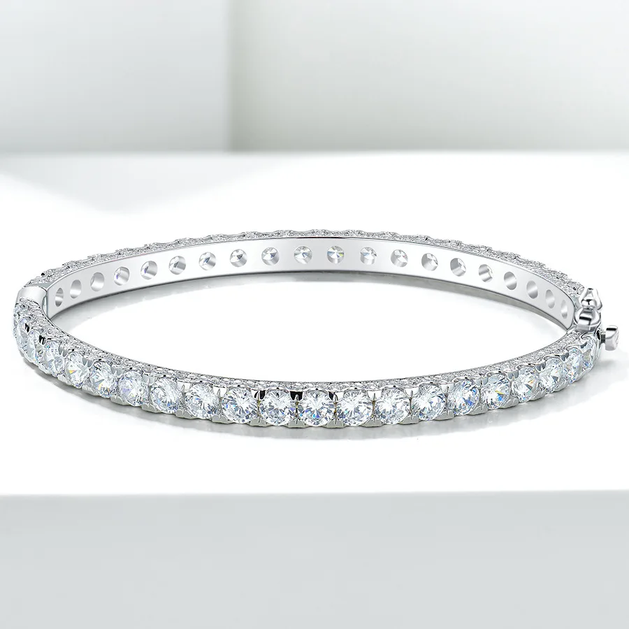 925 Silver 18K White Gold Plated Diamond Simulation Bracelet, Full Circle Group Setting Cuff, Cubic Zirconia High Carbon Jewelry
