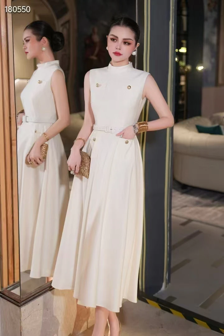 Sommer Neue Seide + Wolle Stoff Stehkragen Design Taste + Taille Gürtel Modische Elegante Glänzende Ärmelloses Kleid Für Frauen S-XL