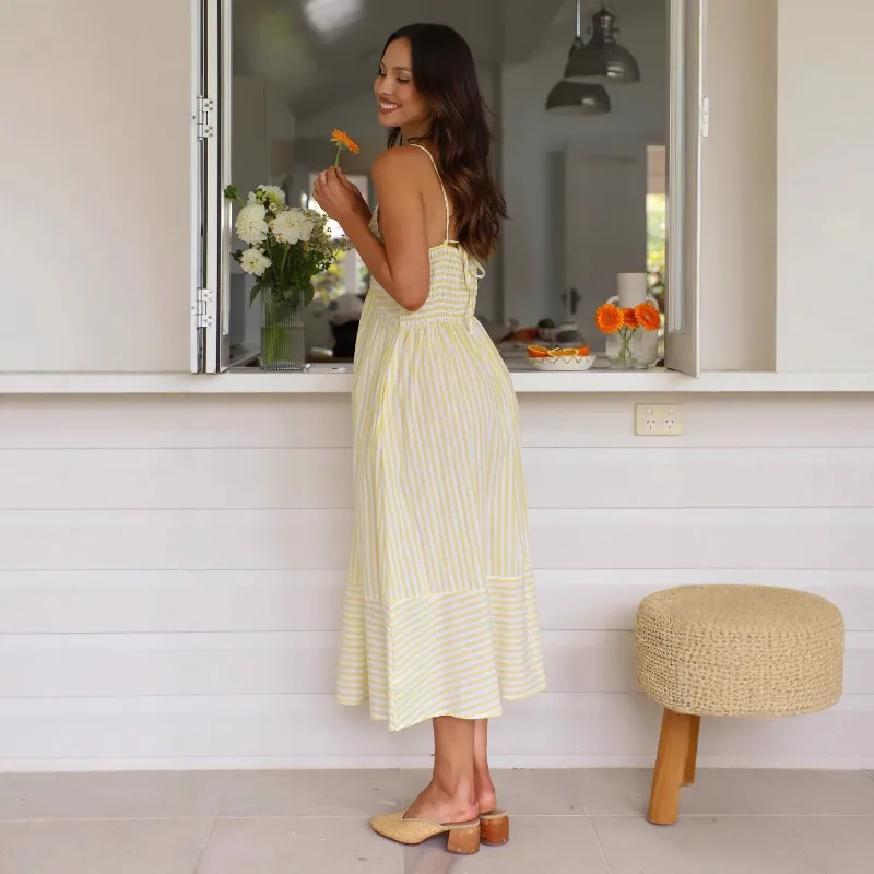 Robe longue d'été pour femmes, tendance, rayée, vacances, style Boho, plage, bretelles Spaghetti, cravate au dos avec poches, 2025