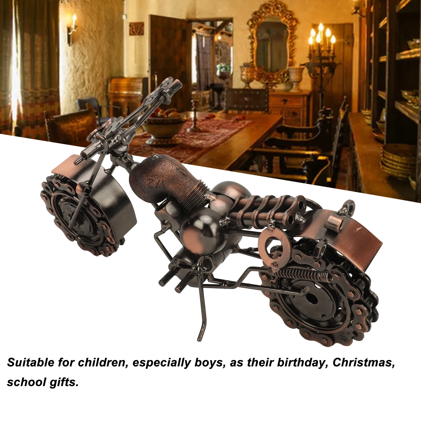 ZK30 Vintage Iron Motorcycle Ornament Decorative Retro Motorbike Model Hand Made Metal Motorbike Sculpture for Boys Bronze Large