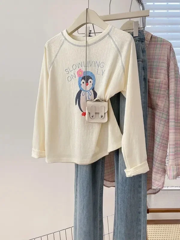 Embroidered Letter Long Sleeve T-Shirt Women's Soft Cute Penguin Print Breathable Casual Cotton Top Girl's Spring Summer