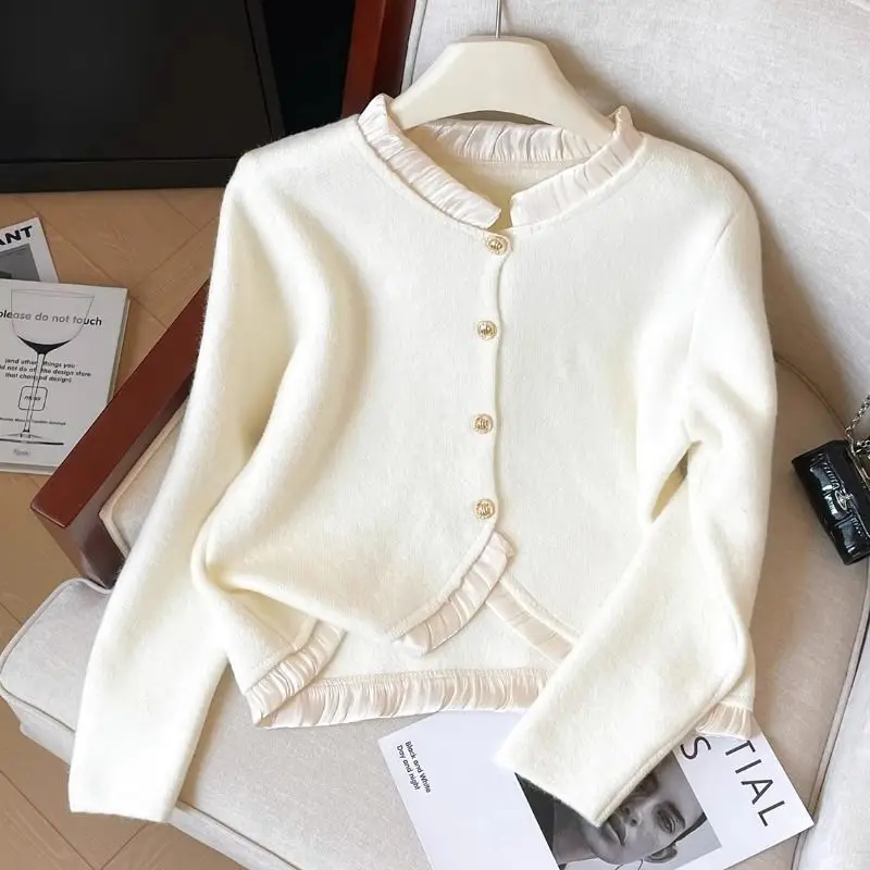 O-neck Solid Color Knitting Cardigan Women Autumn Winter Fashion Ruffles Long Sleeve Sweater All-match Simplicity Knitwear Tops