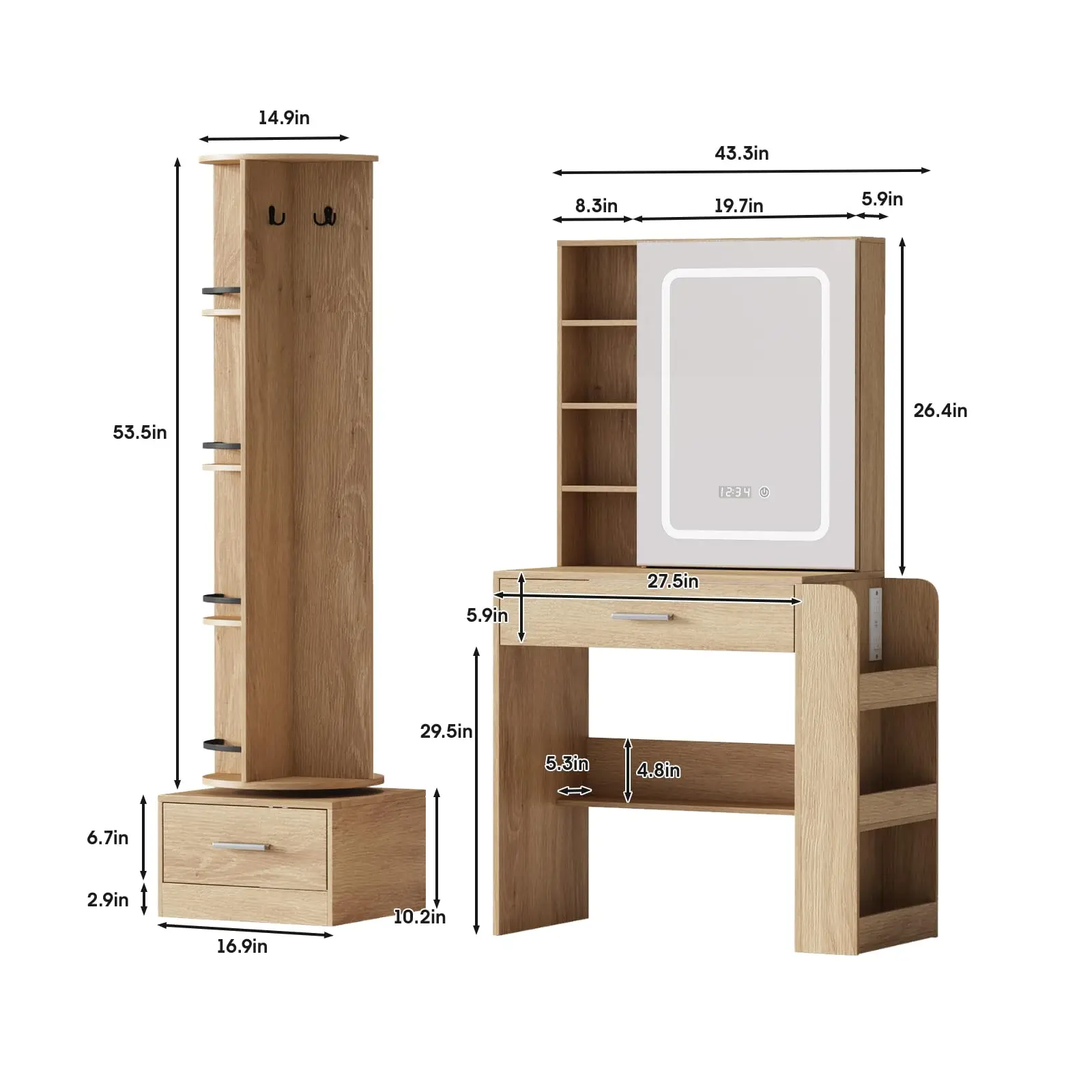 Vabches Vanity Desk with Mirror Lights&Full Body Mirror Vanity Table with 2 Storage Drawer&Power Outlet Makeup Table for Bedroom