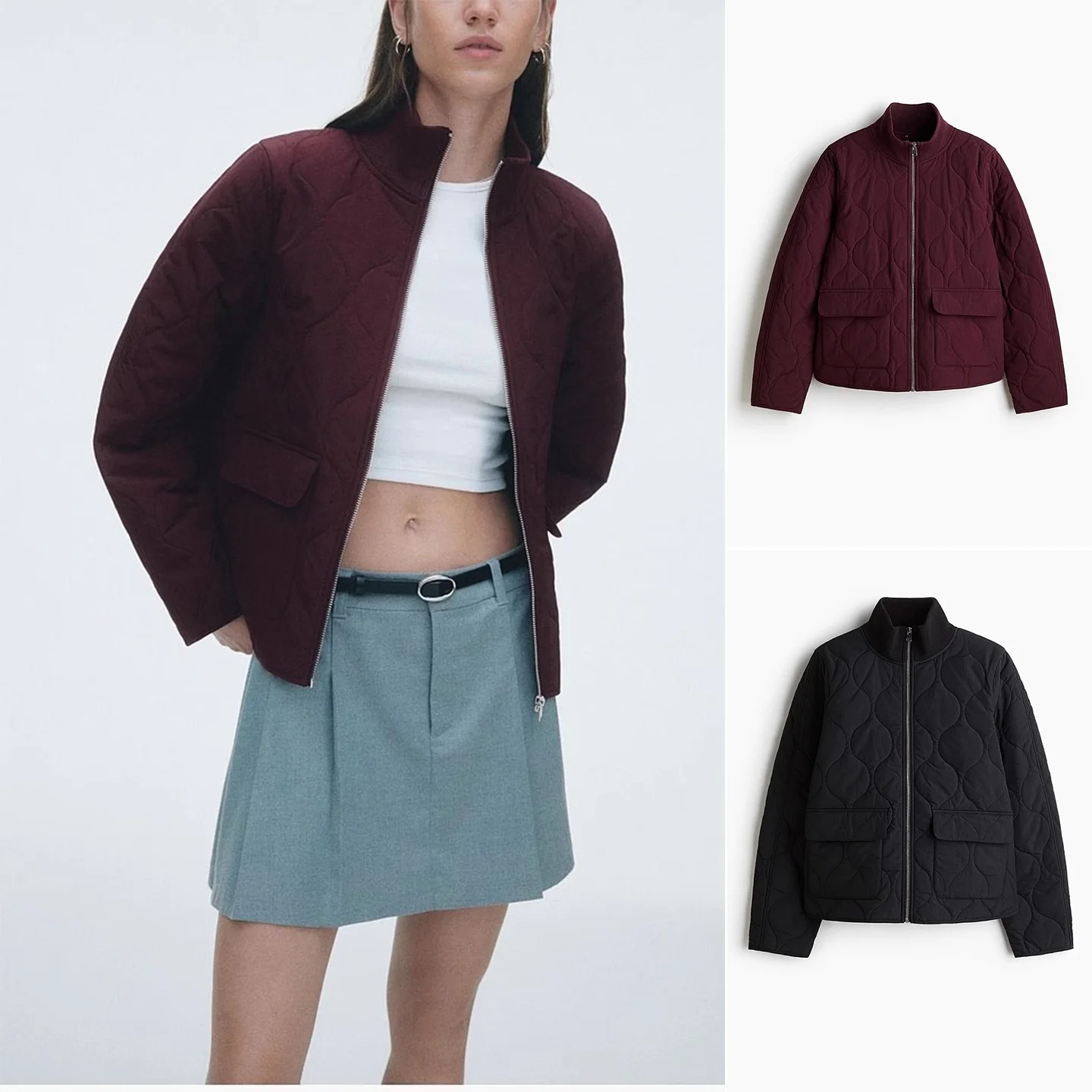 

Autumn New Women's High Collar Long Sve Casual Oversized Batted Jaet Thin Cotton Outerwear Loose Fit Zipper Closure Soli...