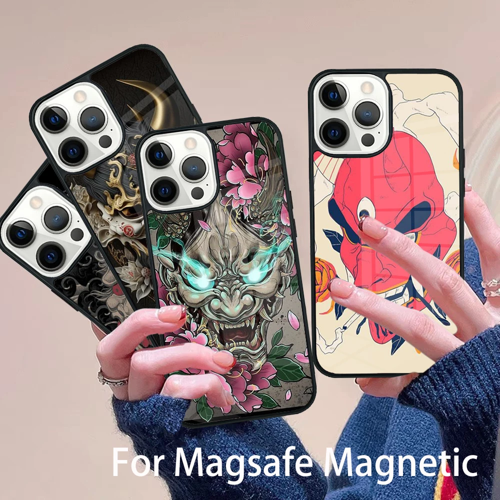 

Japanese Oni Hannya Demon Mask Phone Case Magesafe Magnetic Wireless Charge Cover For IPhone 16 11 12 13 14 15 Pro Max Plus Mini