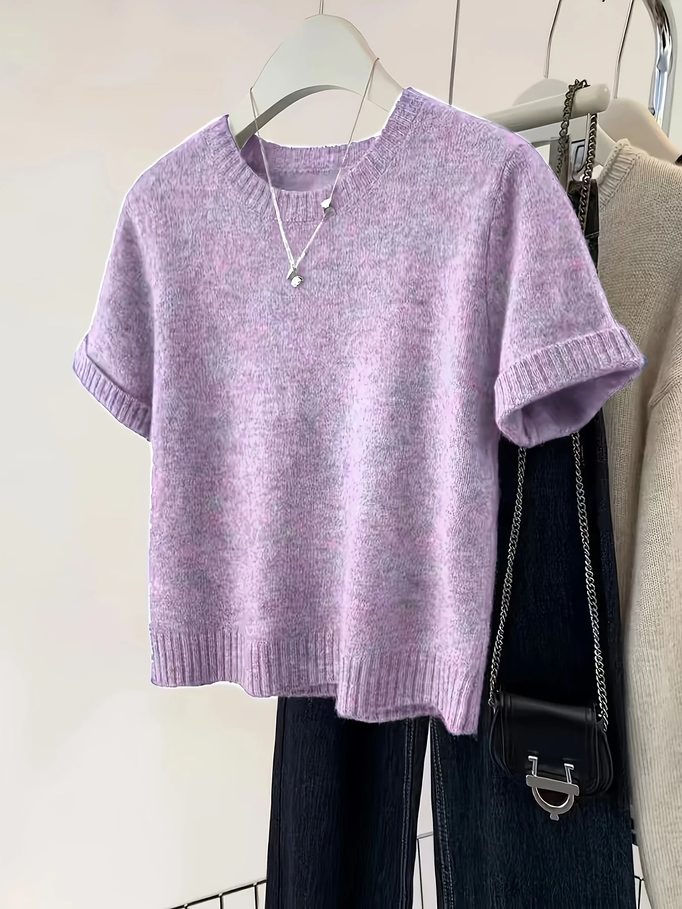 

Женский фиолетовый вязаный топ с круглым вырезом и короткими рукавами, повседневный и простой, для весенне-летнего сезона (без декоративных элементов)