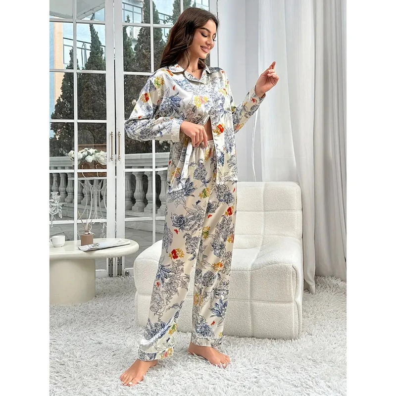 New Autumn Winter Women Pajamas Satin Pajama Long Sleeve Long Pants Homewear Floral Print Thin Pijamas Silk Loungewear