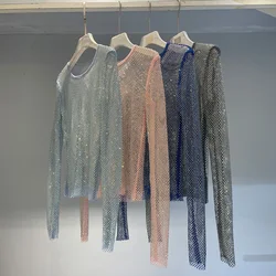 Fashion Perspective Diamond Hollow Shiny Bottom Shirt Heavy Industry Temperament Slim Rhinestone Round Neck Long Sleeve Top