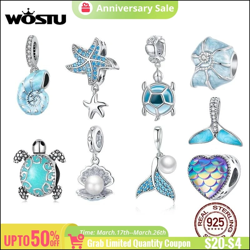 WOSTU 925 Sterling Silver Charm Sea Elves Series Bead Animal Turtle Starfish Pendant Fit Original Bracelet Necklace DIY Jewelry