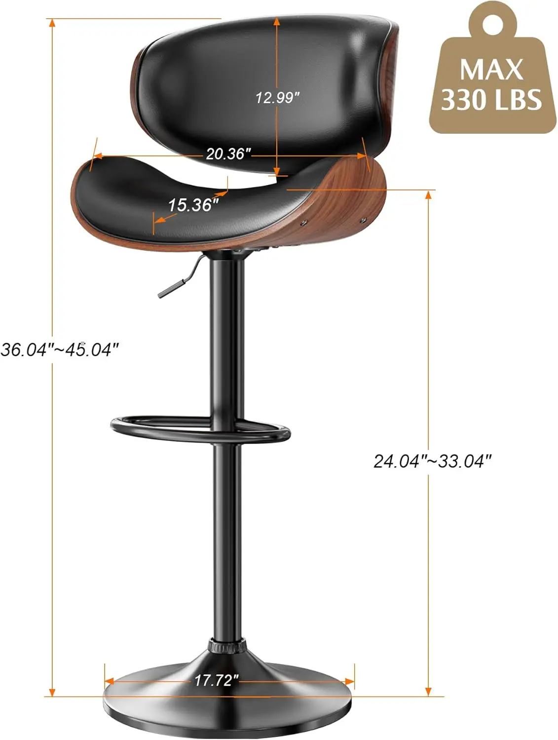 Conjunto de 2 bancos de bar para balcão de cozinha, bancos de bar dobrados ajustáveis, cadeira de bar estofada em couro PU moderno com encosto e fo