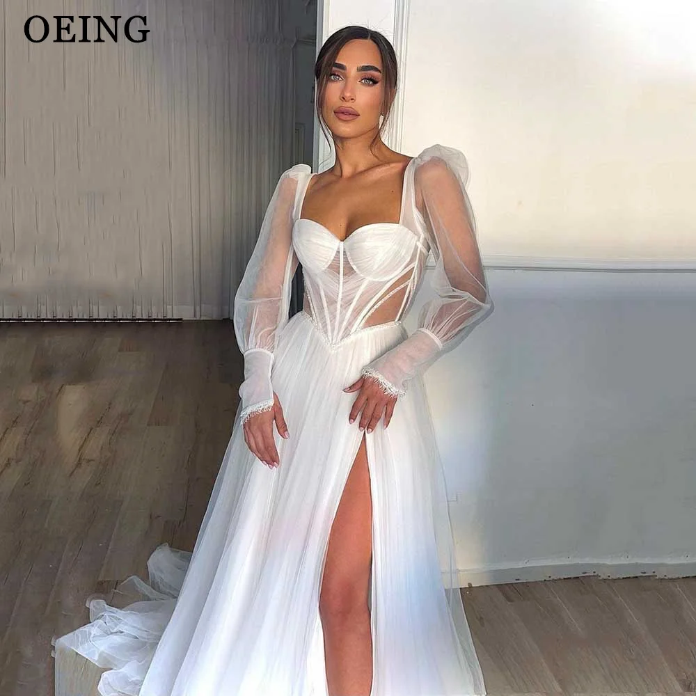 OEING Sexy Off the Shoulder A Line Wedding Dresses Elegant High Split Long Sleeves Bridal Prom Gowns Vestidos De Novia