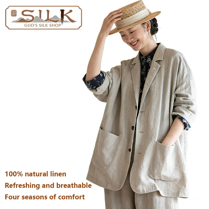 

Натуральный льняной женский костюм: однобортный повседневный пиджак для весны и осени, идеально подходит для активного отдыха и обеспечивает комфорт