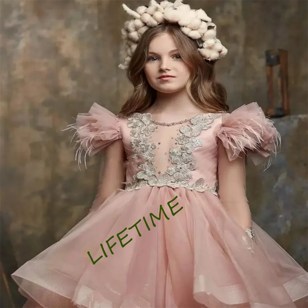 

Tulle Flower Girl Dress For Wedding Applique Feathers Beading Layered Child's First Eucharistic Birthday Party Dresses Girl Gift