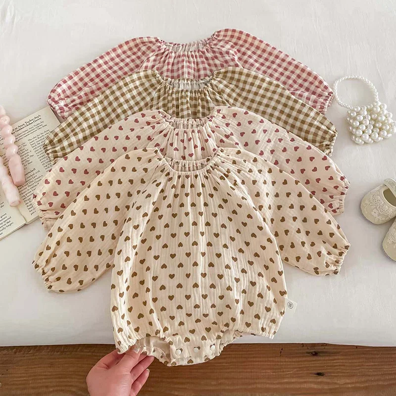 

2024 New Spring Baby Girls Clothing Infant Baby Girls Jumpsuit Long Sleeved Cotton Plaid Print Newborn Baby Girls Bodysuits