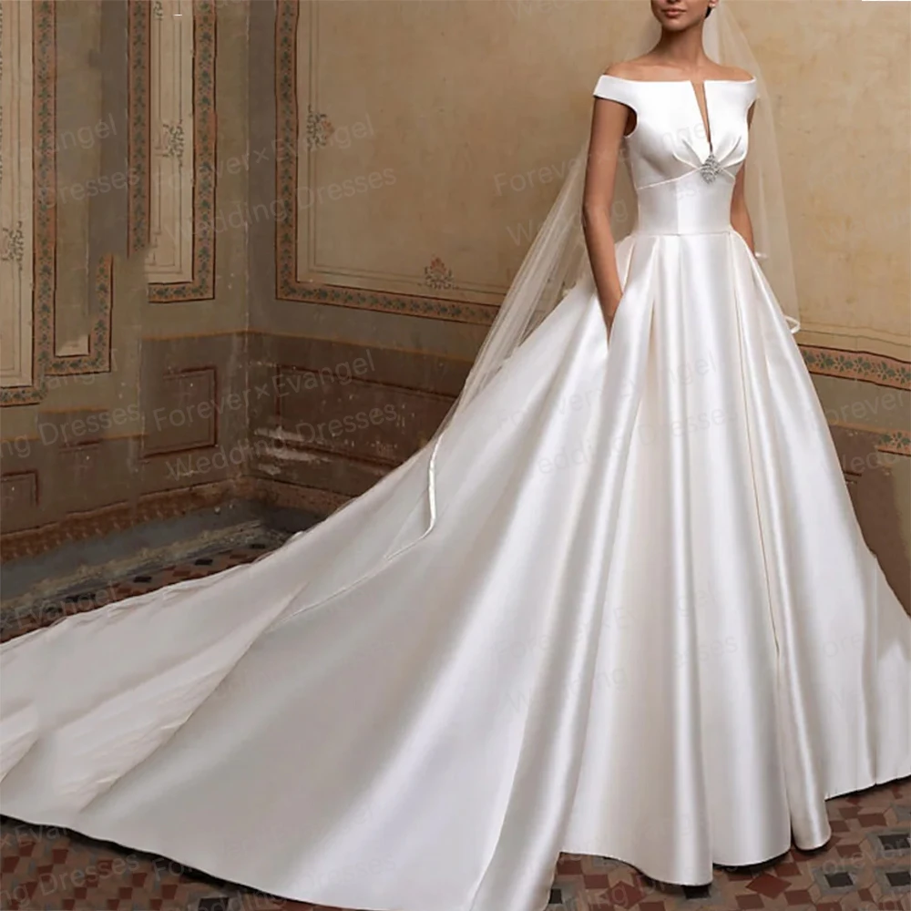 

Классические свадебные платья трапециевидной формы, женские сексуальные платья невесты с v-образным вырезом без рукавов, атласные элегантные платья со шлейфом, Vestidos De Noche по индивидуальному заказу