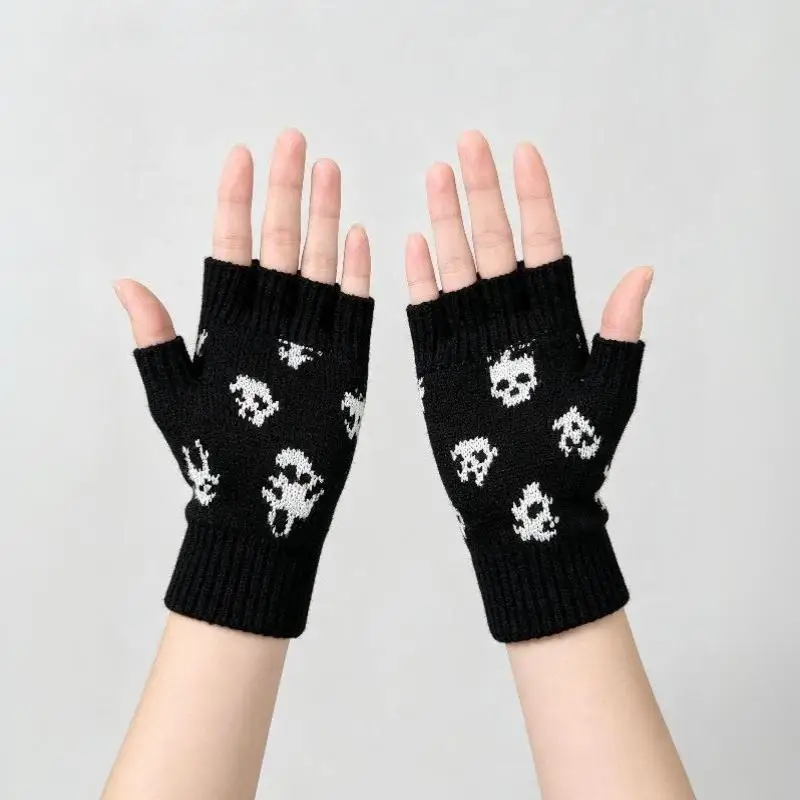 Neue Halloween-Totenkopf-Strickhandschuhe für Halbfinger-Fingerlose Handschuhe, Warme Winter-Wollhandschuhe für Draußen – Detail 10