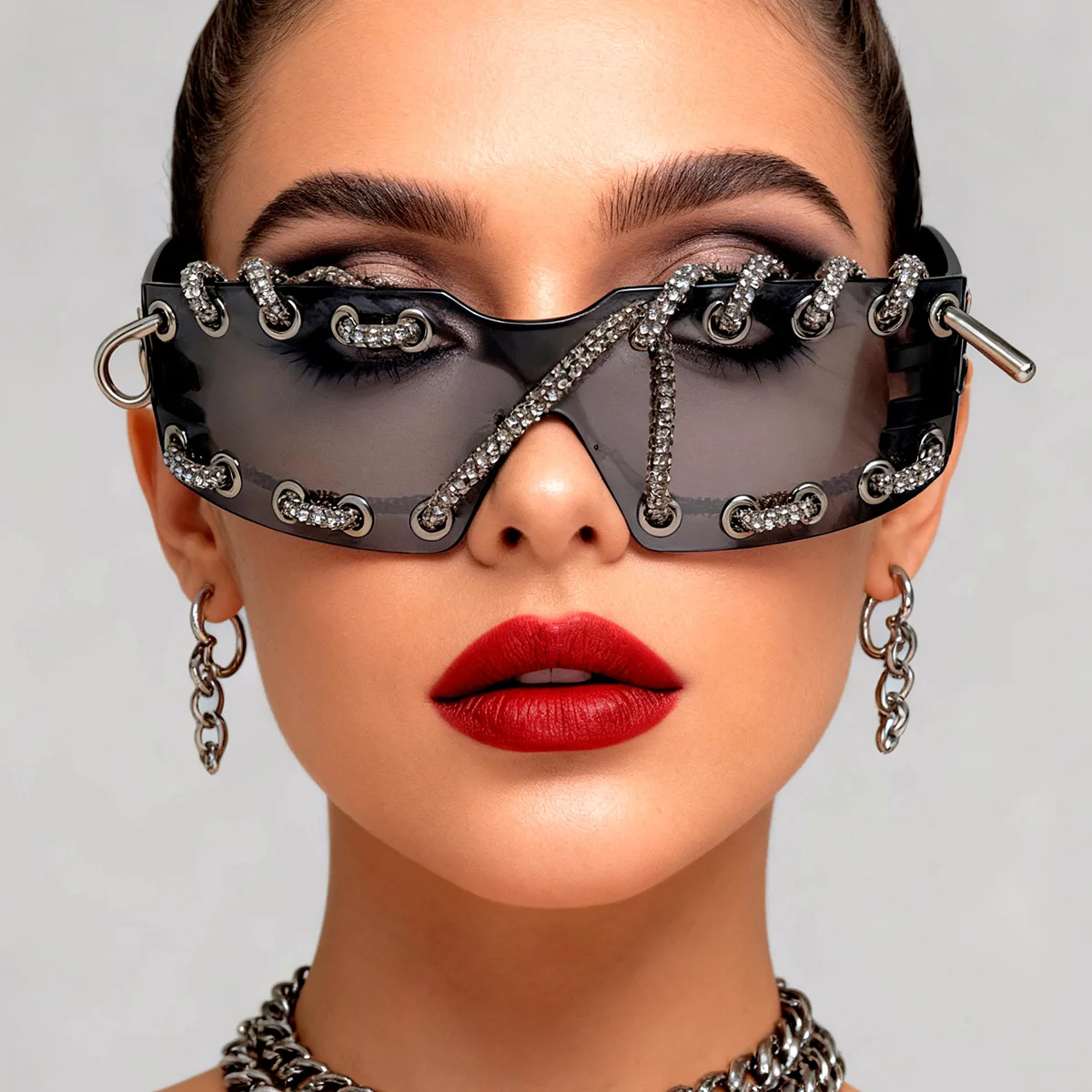 Punk Hip Hop Style Handmade Flash Diamond Sunglasses Y2K Rivets Rimless Retro Black Sunglasses Party Party Accessories
