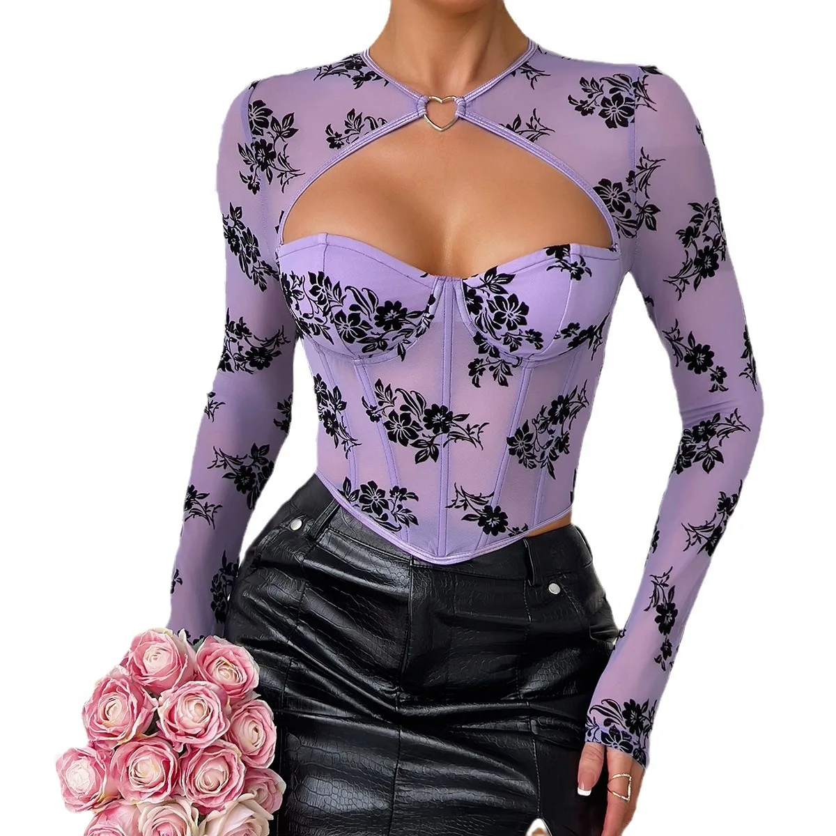 Printed O-Neck Long Sleeves Corset Crop Top Chic Sexy​ Hollow Out Tank Tops Slim Boned Women\'s Bodice Summer Streetwear Camisole