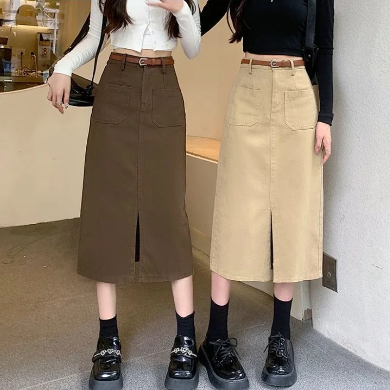 Korean Slim Fit Cargo Long Skirt Women Fashion with Belt High Waist Split Straight Skirt Woman All-Match Pockets Midi Faldas New