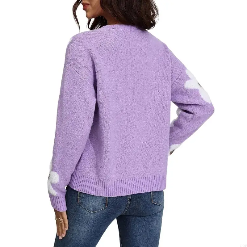 Bild 3: Y3NE Damen-Pullover mit Blumenmuster, Rundhalsausschnitt, Langarm, lässig, lockerer Strickpullover