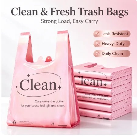 Thickened Pink Printed Trash Bags for Kitchen Office Dorm Medium Large Handle Vest Plastic Garbage Bags