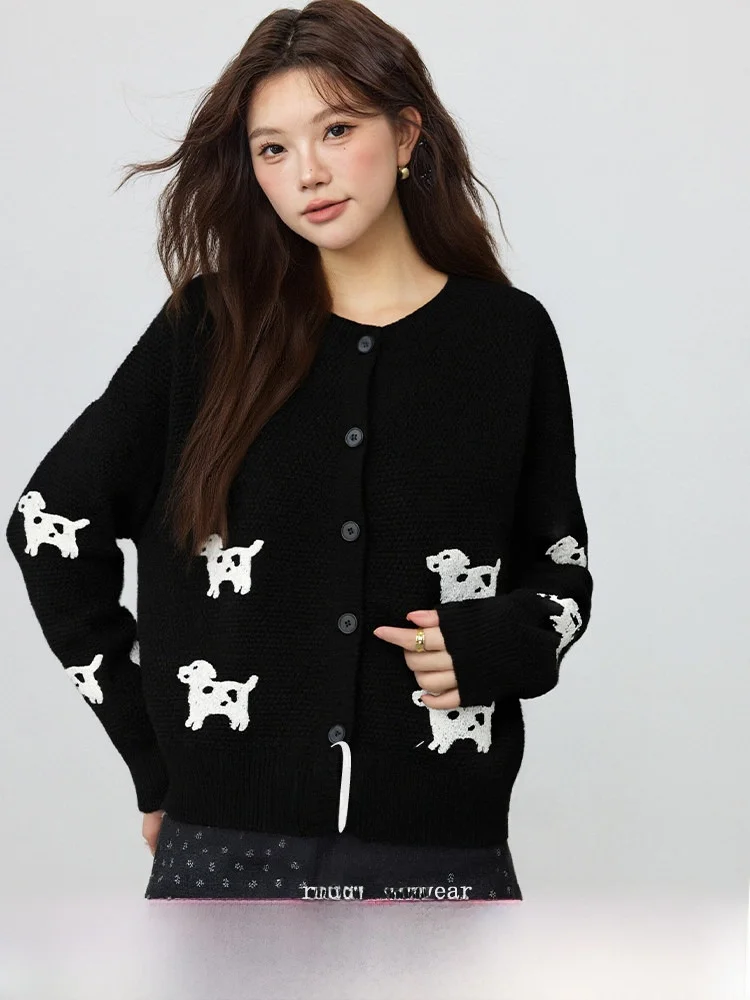

Женский вязаный кардиган свободного кроя с мультяшным принтом собаки, из полиэстера, с длинными рукавами, круглым вырезом, зимний