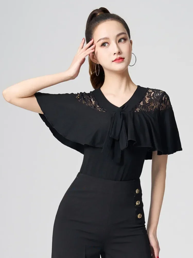 Lace Patchwork Latin Dance Costume Waltz Tops Adult Modern Tango Wear Woman Solid Color Short Sleeve Prom Belly Evening Clothes