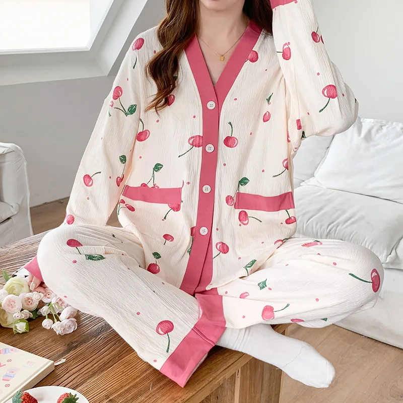 Pijama de algodón de manga larga para mujer, ropa de dormir Sexy, bata de noche para el hogar, ropa de salón, traje suelto, servicio a domicilio, otoño