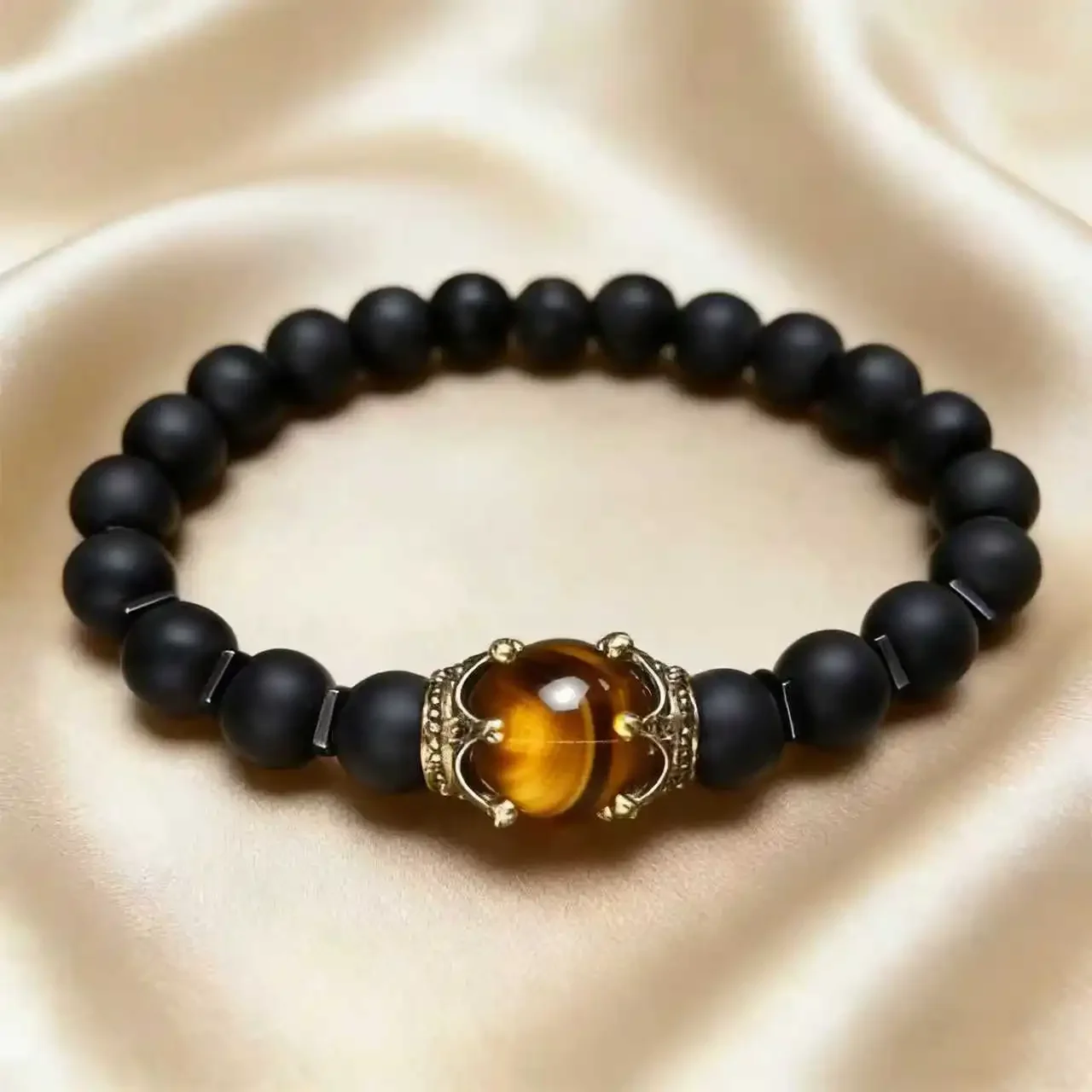 Herren Vintage Power Crown Armband, Natürliches Tigerauge & Hämatit Steinperlen-Armband, Modeschmuck Geschenk für Freunde – Detail 8