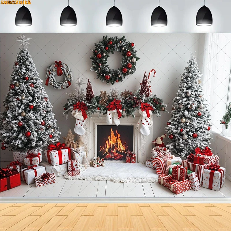 

Christmas Day Wreath Family New Year Party Photography Backdrops Prop Window Living Room Xmas Tree Gift Snow Background WD-01