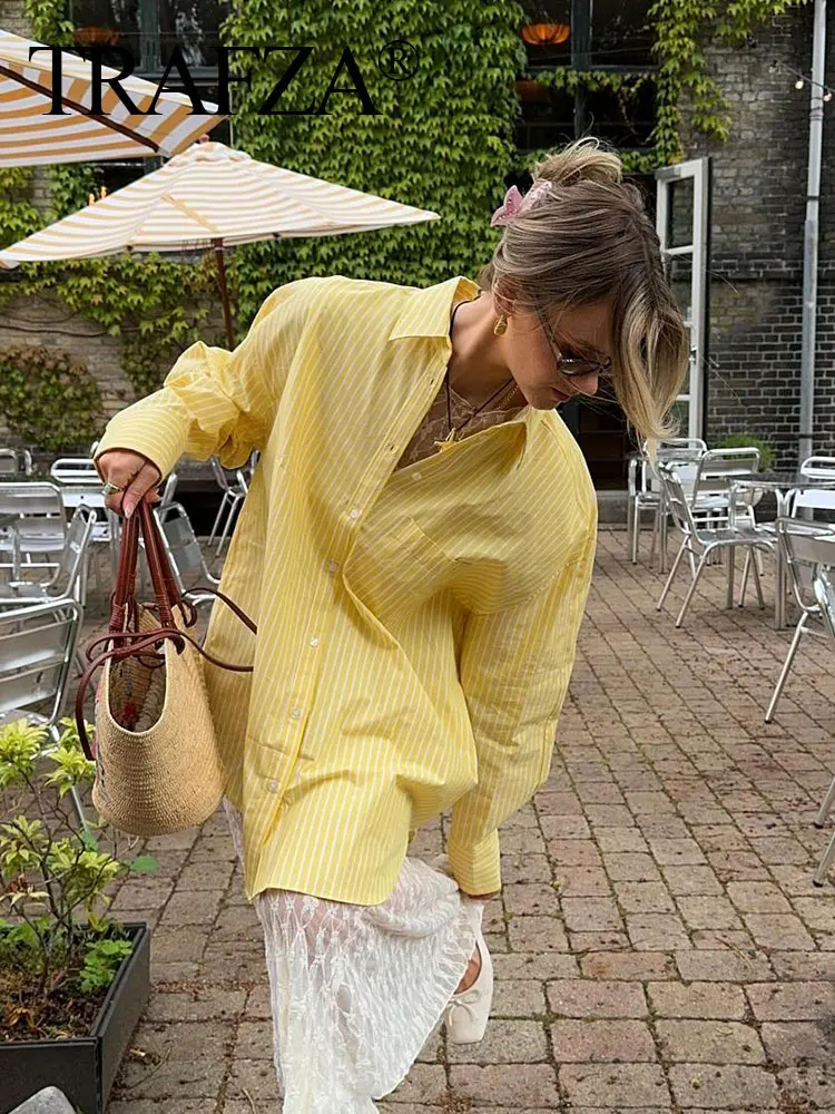 TRAFZA 2024 Summer Causal Yellow Striped Blouse For Women Long Sleeves Lapel With Pocket Single Breasted Elegant Shirt Chic Tops