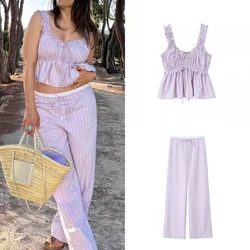 Fine Striped Elastic Waist Pants Sets for Women 2 Pieces 2024 New Fashion Poplin Sling Top Women's Suit Two Piece Set