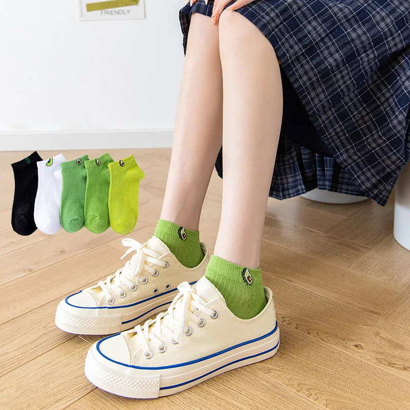 5 Pairs Women Socks Spring And Aummer Korean Version Small Fresh Avocado Green Socks Thin Low-top Shallow Mouth Short Socks