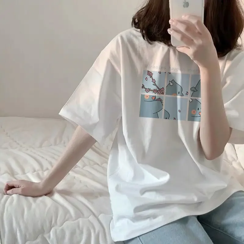 Harajuku Oversized Women Tops Tshirt Round Collar Cartoon Female Half Loose Sleeve Print Casual Simple Wild Top