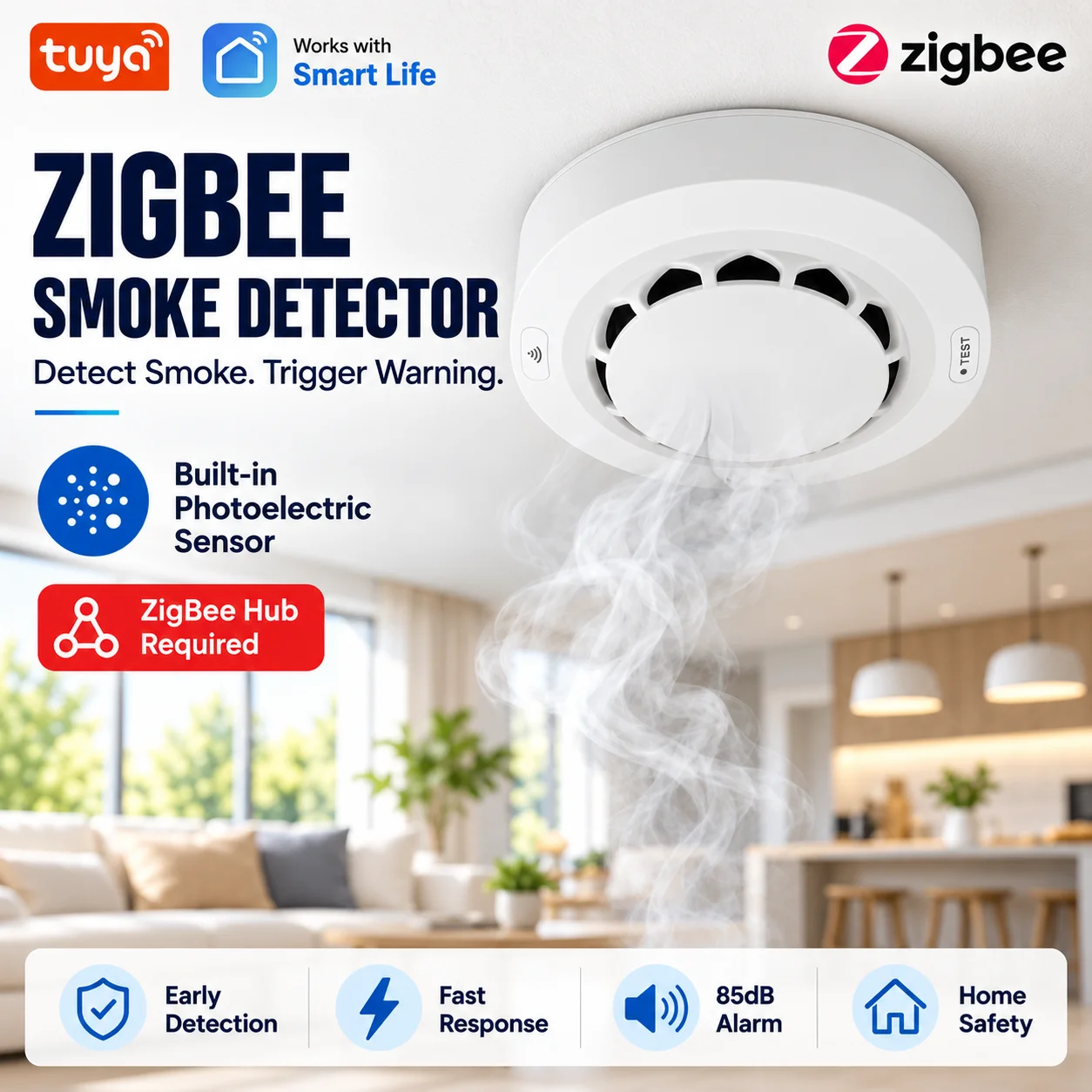 Zigbee Smoke Sensor Tuya - Detector de Humo Tuya ZigBee 85dB,