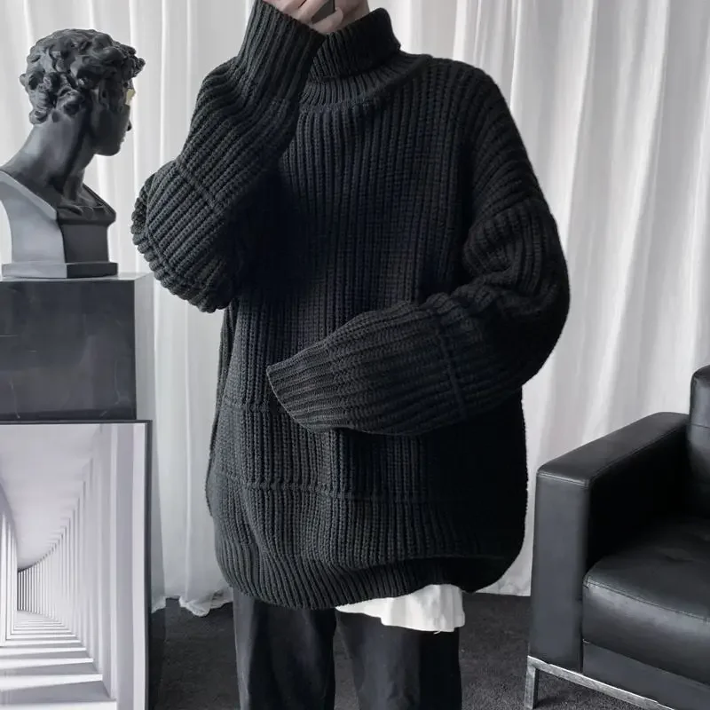 Sweater pria, Turtleneck mode Korea, Sweater rajut ukuran besar, pakaian pria tren 2024, Pullover Solid pria